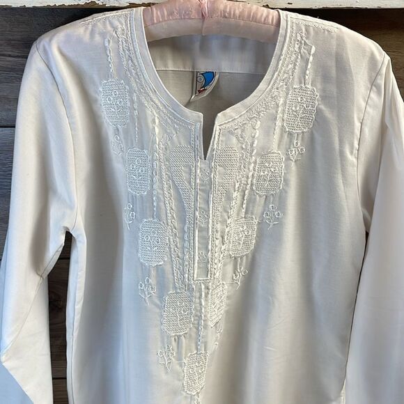 Boho Cottagecore Embroidered Peasant Style Cotton Blend White Blouse Top - Picture 4 of 8